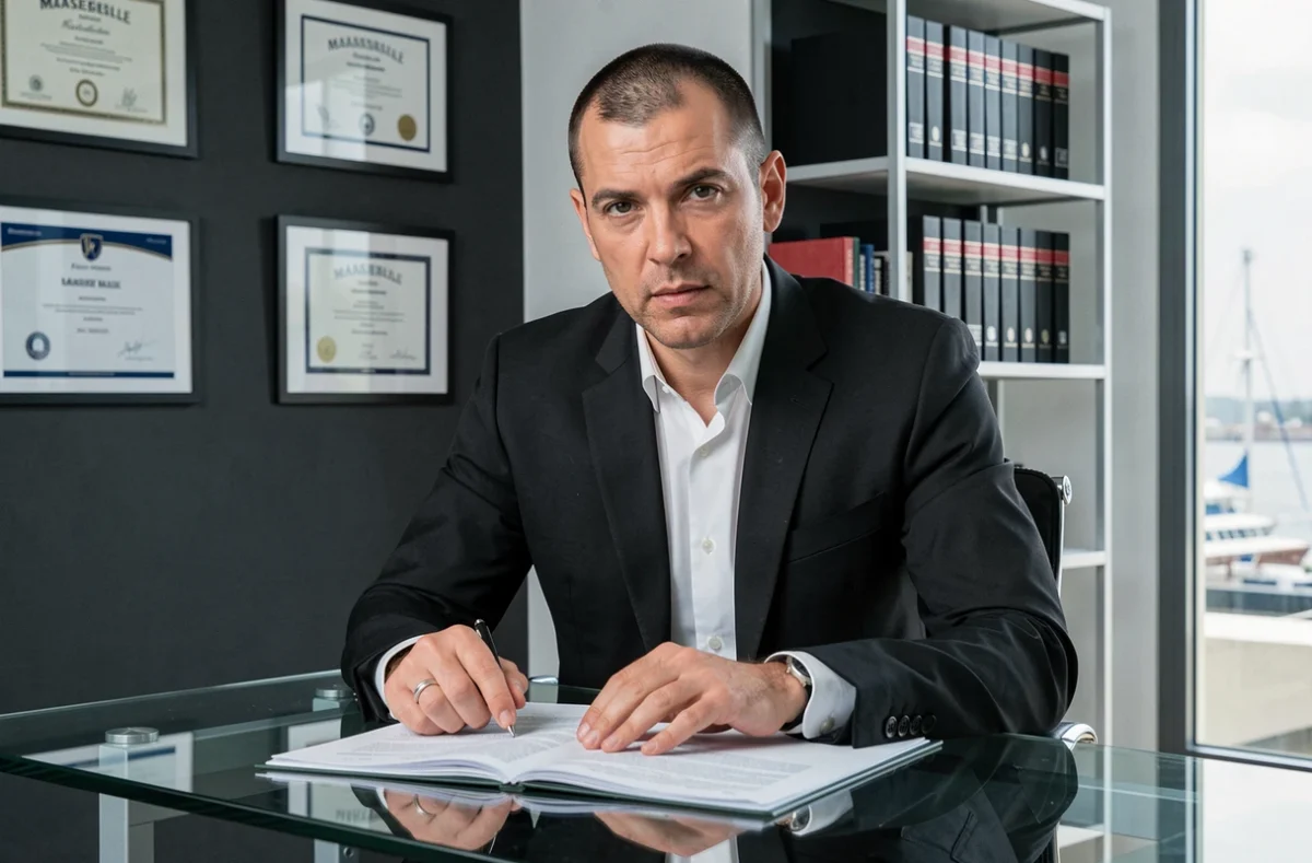 Maître Franck Benalloul, avocat au Barreau de Marseille, penché sur un contrat dans son bureau moderne