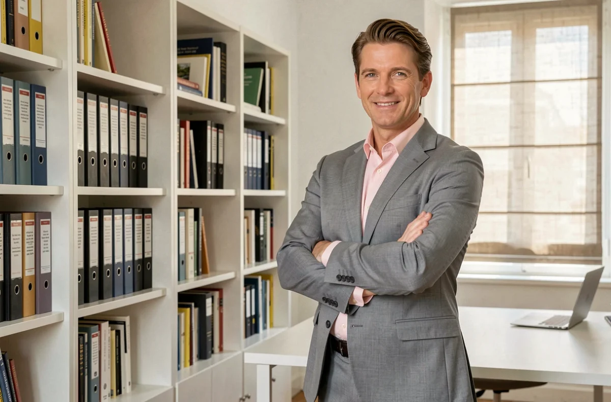 Maître Jean-Baptiste Gobaille, avocat au Barreau d'Aix-en-Provence, posant devant une bibliothèque juridique dans son cabinet moderne