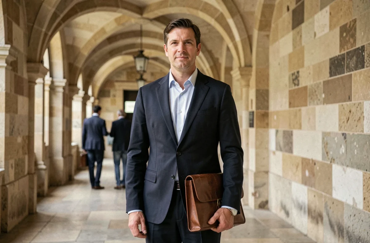 Maître Julien Ayoun, avocat au Barreau de Marseille, dans le couloir du palais de justice avec une sacoche de documents