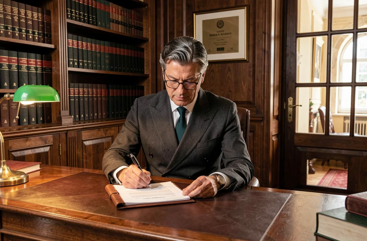 Maître Lionel Febbraro, avocat au Barreau de Marseille, lisant un dossier juridique dans son bureau classique
