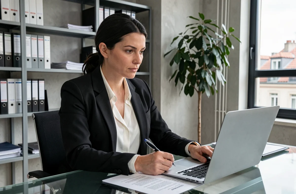 Maître Morgane Valentin, avocate au Barreau de Marseille, travaillant sur un dossier devant son ordinateur portable dans son cabinet