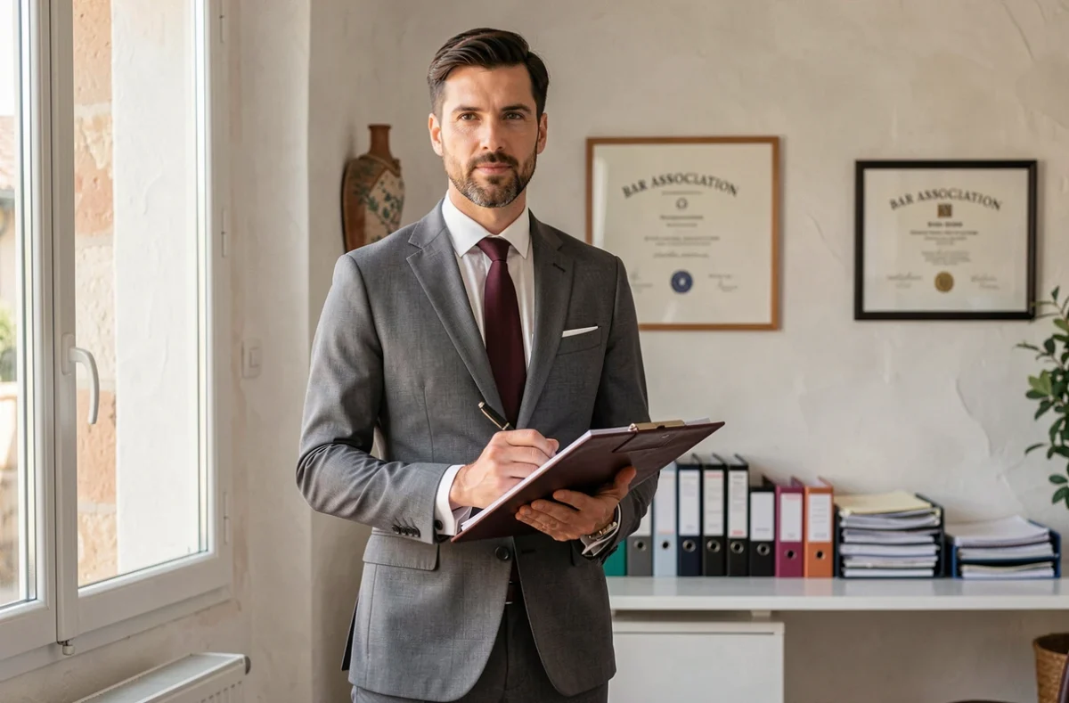 Maître Nicolas Pepin, avocat d'affaires au Barreau d'Aix-en-Provence, debout dans son cabinet avec un bloc-notes juridique