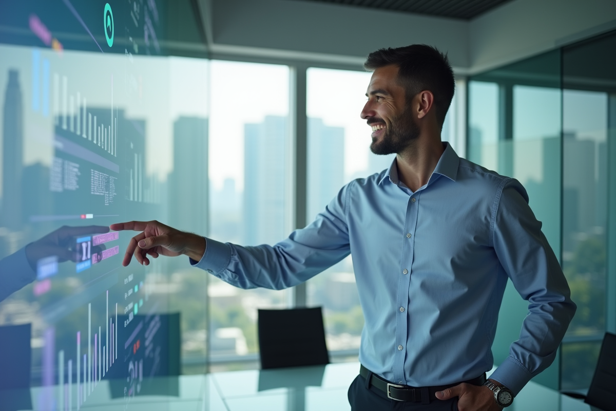 Homme manager HR expliquant des données sur un tableau digital