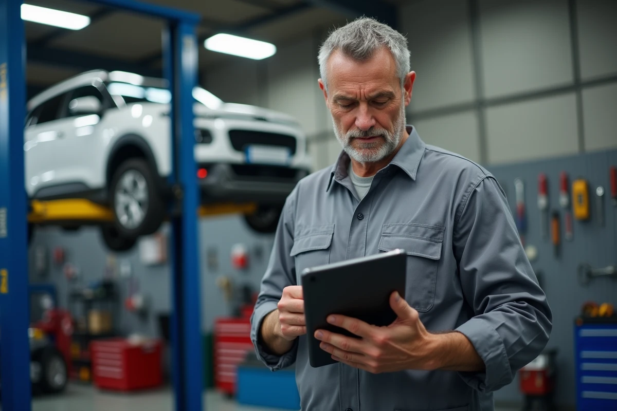 Mécanicien en garage consultant l'historique de maintenance d'un véhicule d'occasion sur tablette