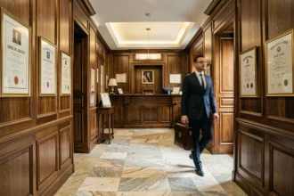 Hall d'entrée d'un cabinet d'avocats d'affaires dans les Bouches-du-Rhône, ambiance professionnelle et élégante