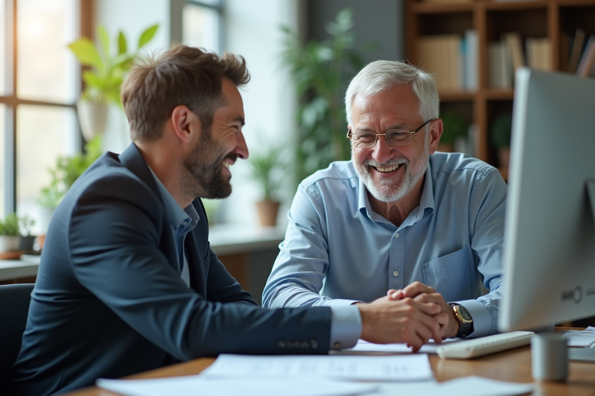 Homme mentorant un collègue dans un bureau lumineux