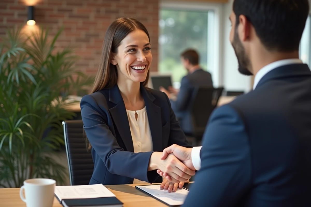 Deux professionnels qui se serrent la main lors d'une mise en relation réseau en entreprise dans un espace de coworking moderne