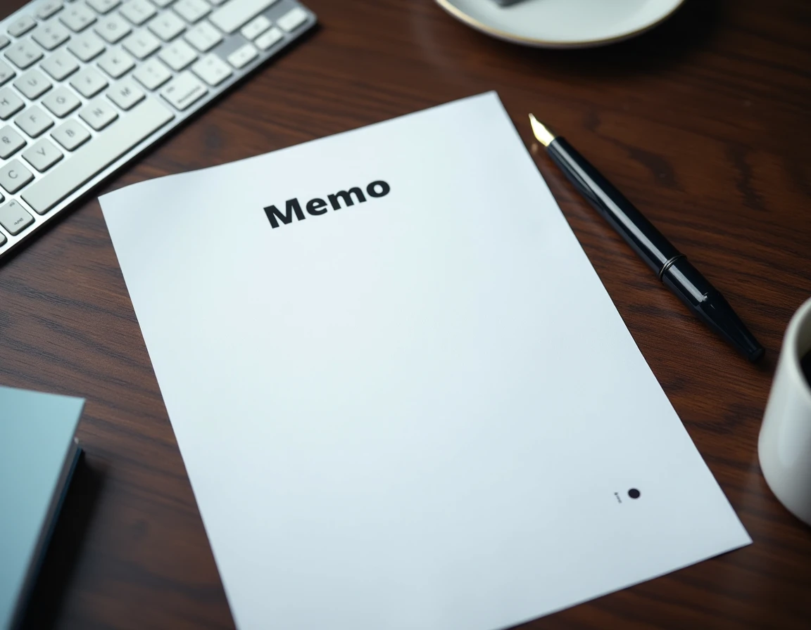 Note de service professionnelle imprimée sur un bureau avec stylo plume, vue de dessus