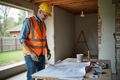Ouvrier du b&acirc;timent en tenue de chantier avec plans