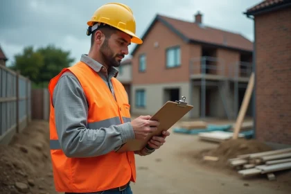 Ouvrier BTP en gilet haute visibilité consultant un devis de travaux sur chantier résidentiel