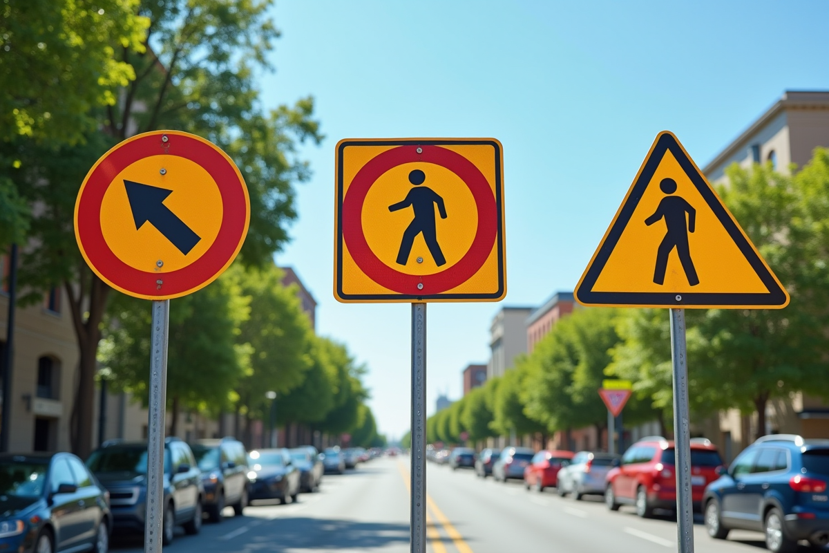Différents panneaux de signalisation routière en ville en plein jour