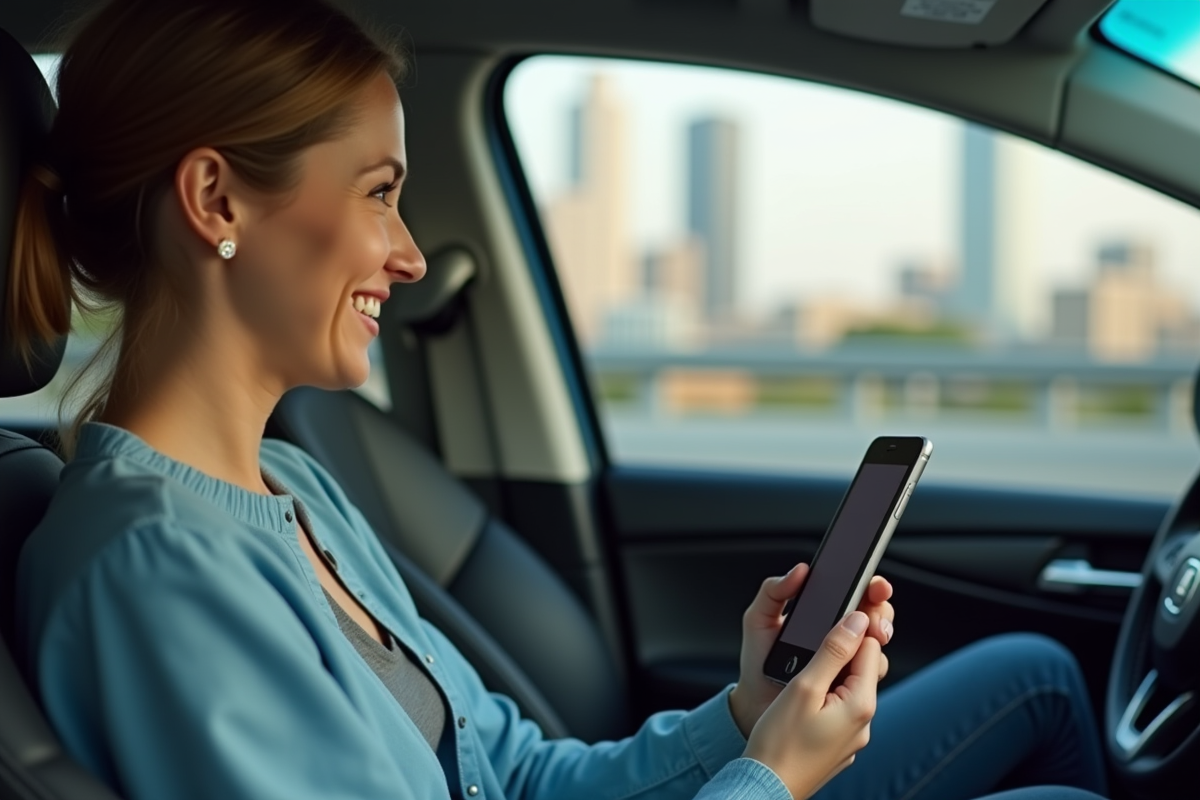 Passager souriant dans une voiture moderne avec smartphone affichant Uber et Bolt