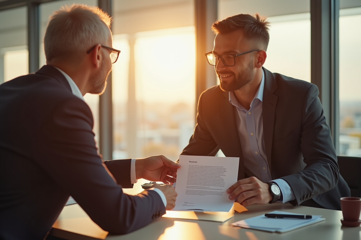 Professionnel d'âge moyen remettant une lettre de démission à son manager dans un bureau lumineux