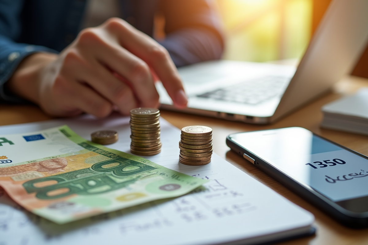 Main empilant des pièces et billets avec un carnet de notes financier