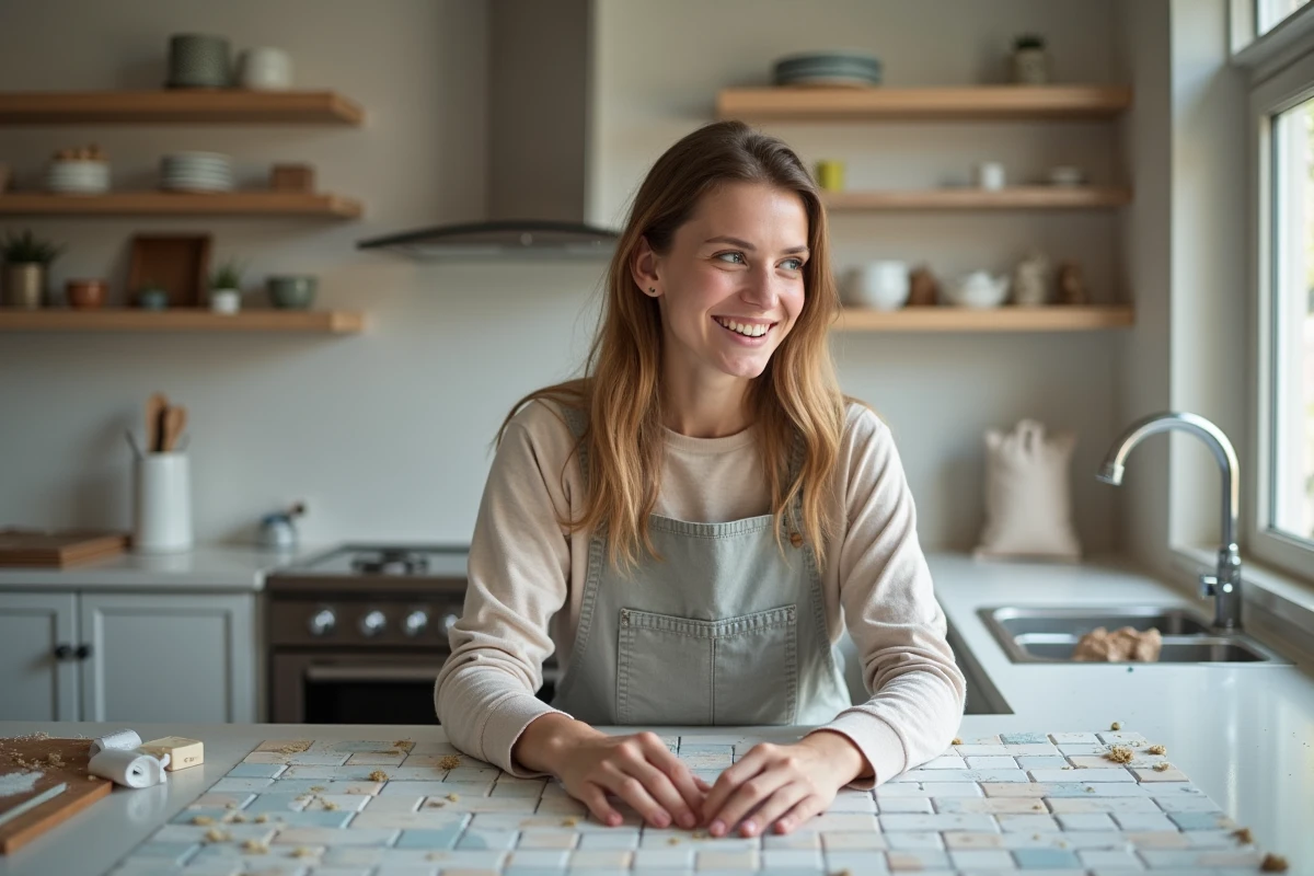 Jeune femme posant du carrelage dans la cuisine