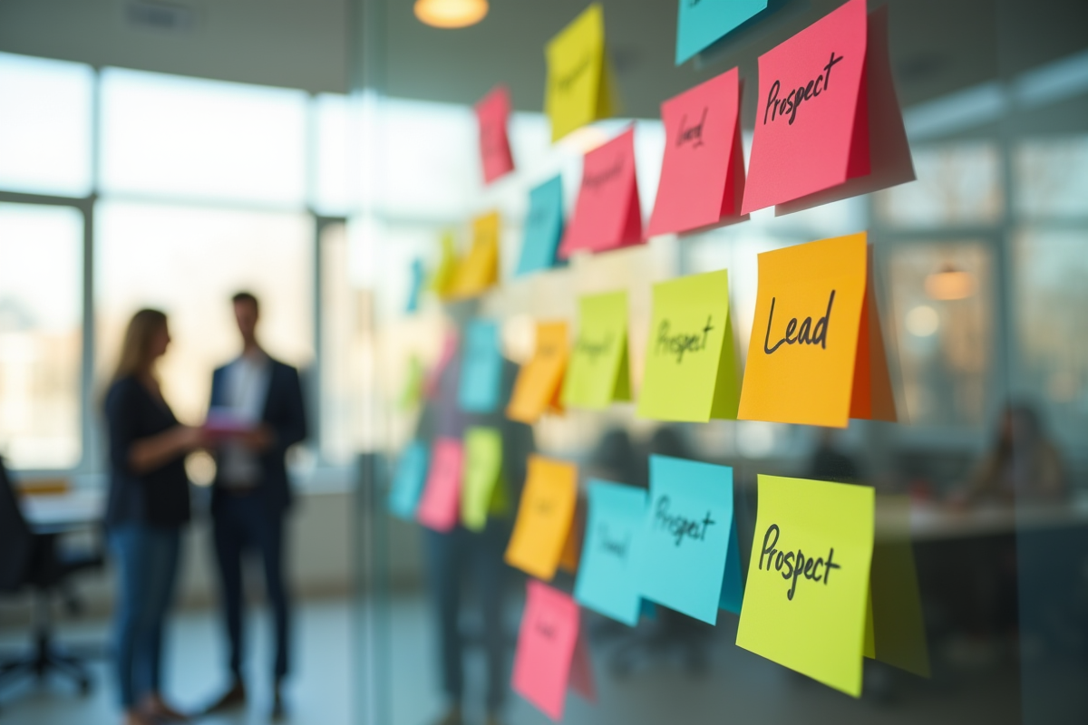 Notes colorées sur un mur de bureau avec équipe en arrière-plan