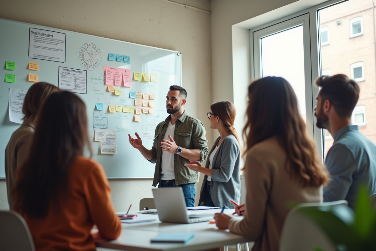 Groupe diversifié en réunion dans un espace ouvert avec tableau d