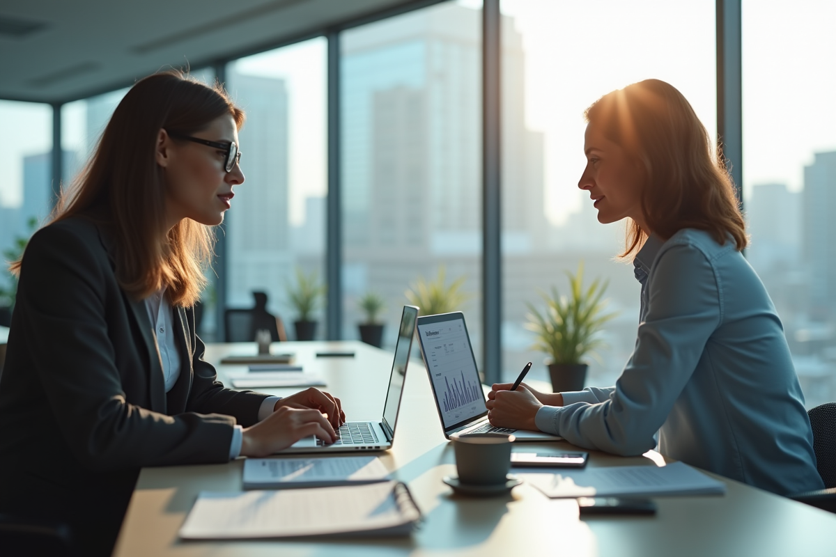 Deux professionnels en discussion dans un bureau lumineux