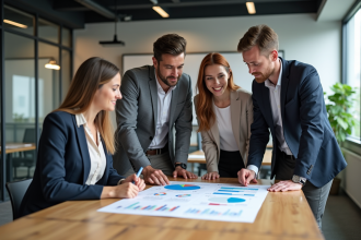 Groupe de professionnels en réunion dans un bureau moderne