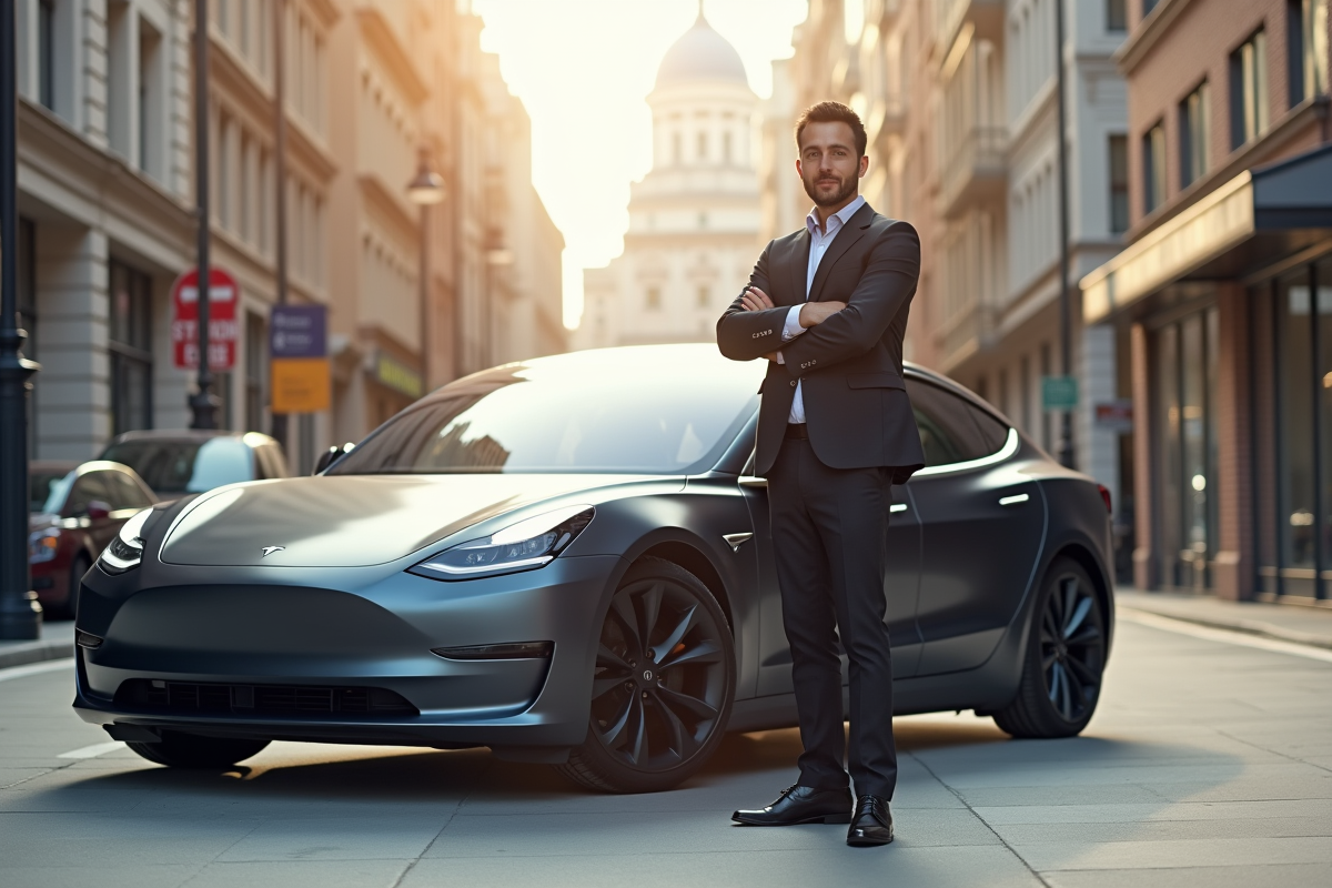 Propriétaire Tesla fière à côté de sa voiture moderne en ville