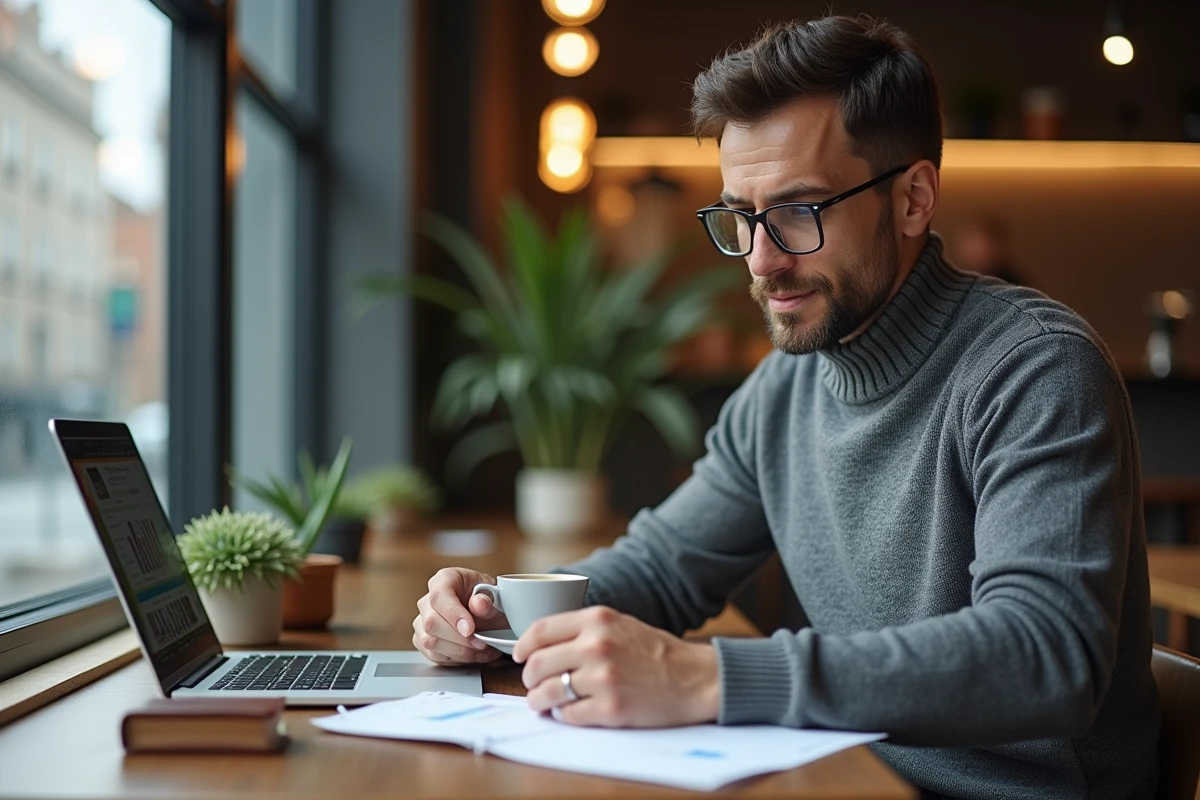 Homme d'affaires consultant son réseau professionnel en ligne depuis un café pour développer sa prospection commerciale sans démarchage à froid