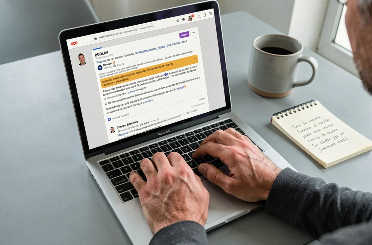 Mains tapant sur un clavier avec un pseudonyme BODLAV visible sur un forum francophone, enquête sur une identité numérique mystérieuse
