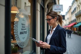 Femme professionnelle évaluant une signalétique publicitaire locale devant une boutique parisienne haussmannienne