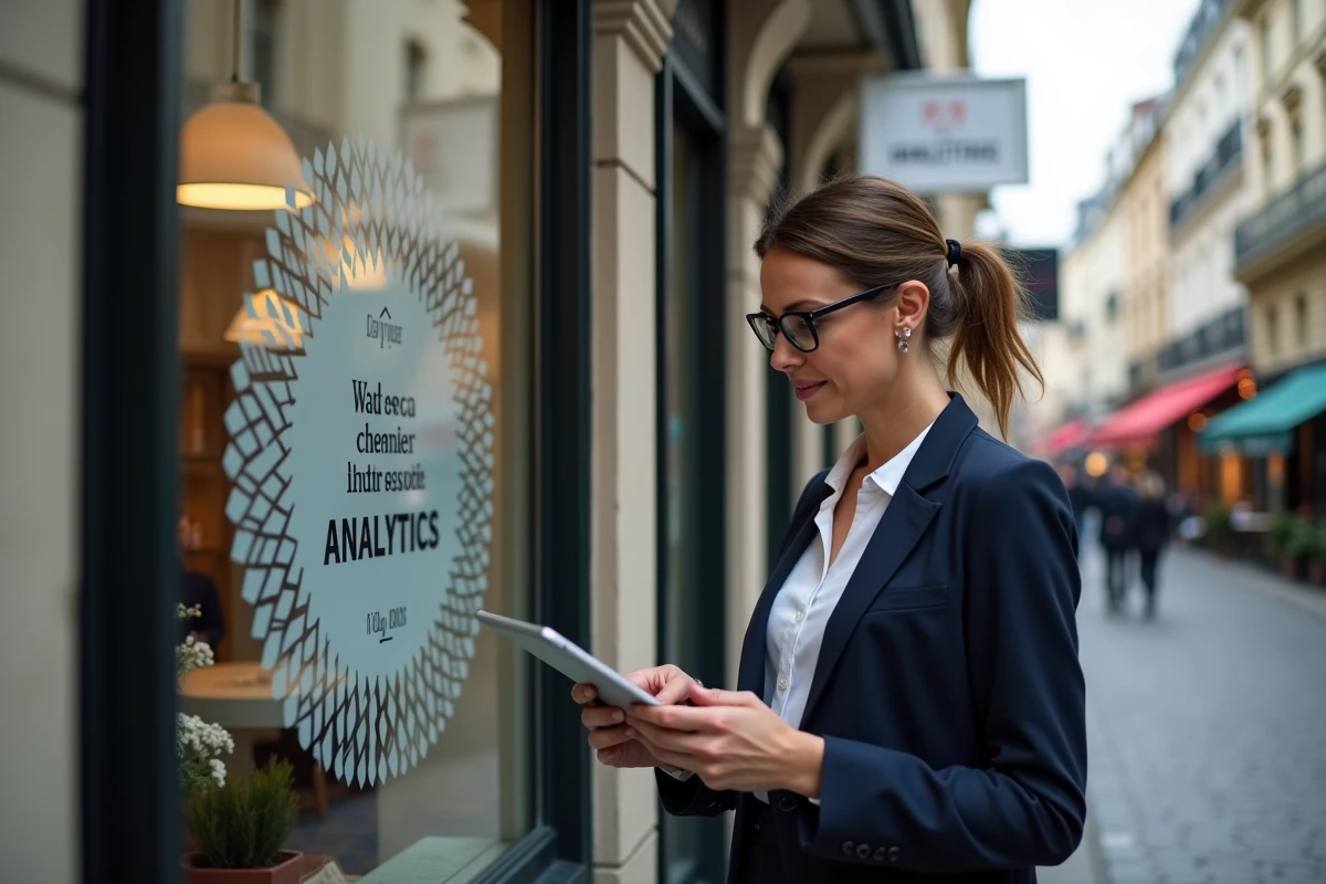 Femme professionnelle évaluant une signalétique publicitaire locale devant une boutique parisienne haussmannienne
