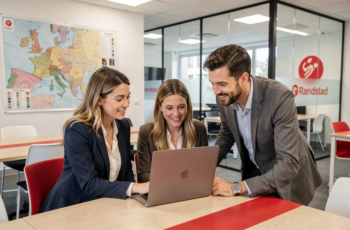 Équipe de recruteurs Randstad collaborant autour d'un ordinateur portable dans une agence d'emploi intérim en Auvergne-Rhône-Alpes