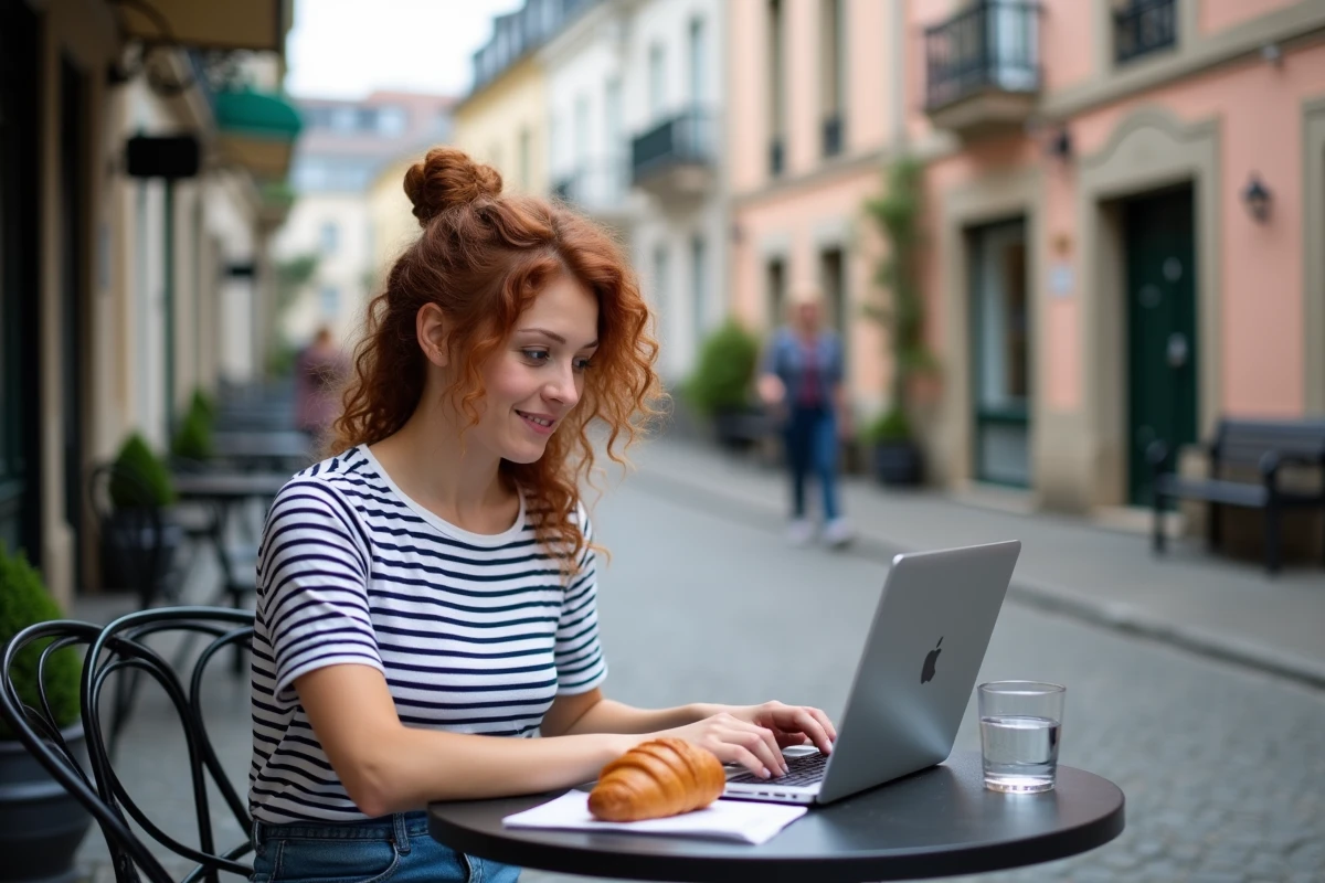 Jeune femme en job full remote travaillant depuis un café en bord de mer dans une ville de province française