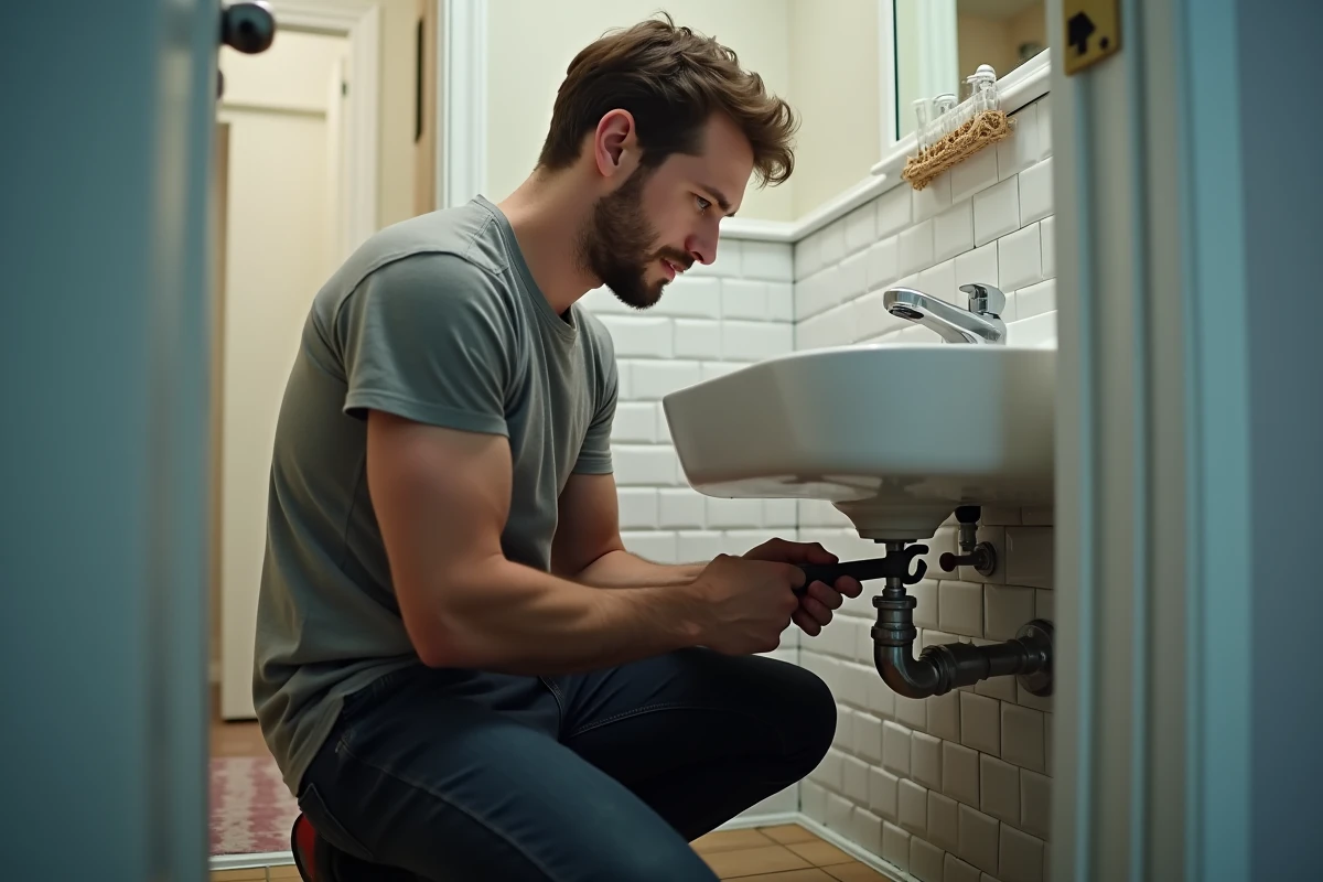 Un jeune homme répare une canalisation chez un proche, représentant un service manuel rémunéré entre particuliers