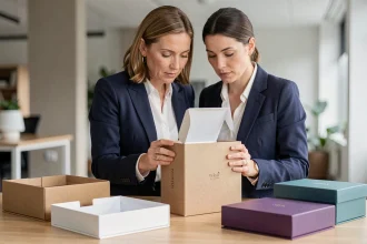 Responsable achats professionnelle comparant des échantillons de boîtes cadeaux sur un bureau en bois dans un bureau moderne