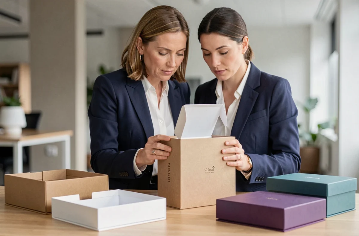Responsable achats professionnelle comparant des échantillons de boîtes cadeaux sur un bureau en bois dans un bureau moderne