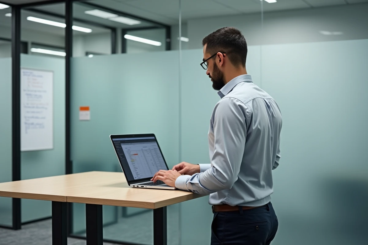 Responsable RH consultant un planning mensuel de 151,67 heures sur ordinateur portable en salle de réunion vitrée