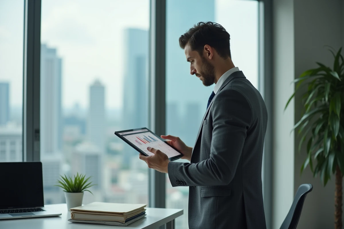 Responsable RH homme consultant un tableau de bord numérique sur tablette dans un bureau d'entreprise moderne