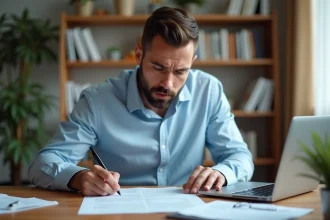 Homme relisant un devis signé avec acompte à son bureau à domicile, stylo en main, expression préoccupée