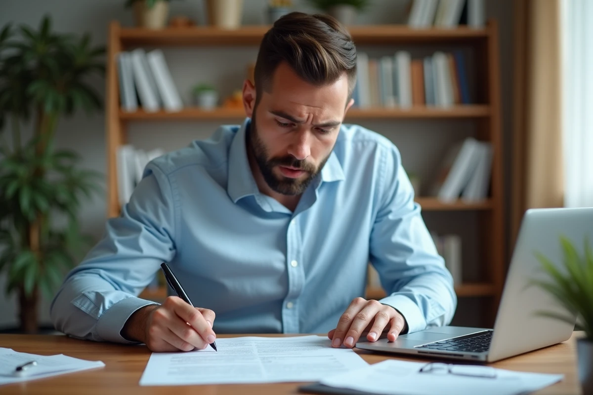 Homme relisant un devis signé avec acompte à son bureau à domicile, stylo en main, expression préoccupée