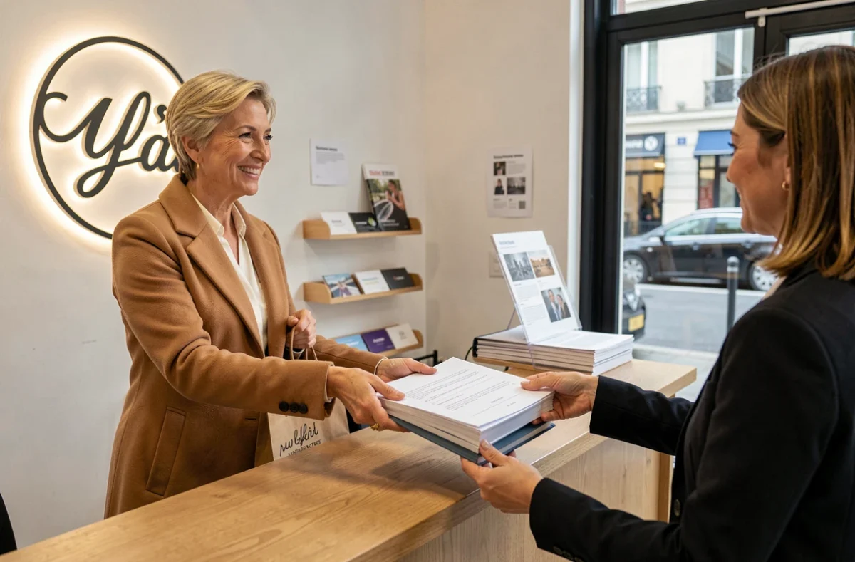 Cliente récupérant sa commande d'impression en boutique dans une imprimerie du 17e arrondissement de Paris