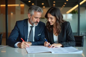 Deux professionnels en réunion d'affaires en salle moderne