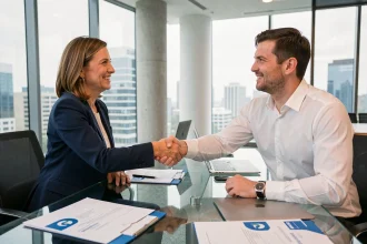 Réunion d'affaires B2B entre partenaires professionnels dans un bureau moderne avec poignée de main