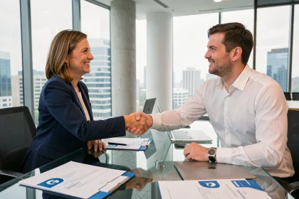 Réunion d'affaires B2B entre partenaires professionnels dans un bureau moderne avec poignée de main