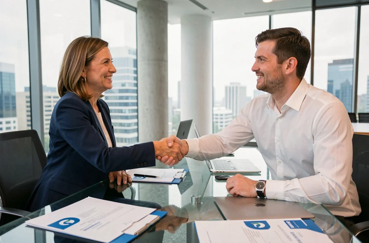Réunion d'affaires B2B entre partenaires professionnels dans un bureau moderne avec poignée de main