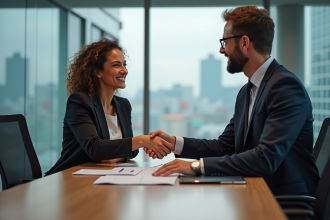 Deux professionnels en réunion d'affaires se serrant la main