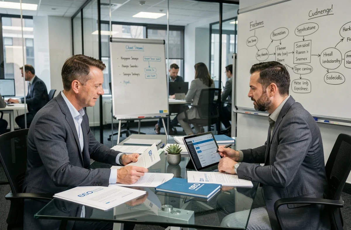 Réunion entre client et agence SEO classique autour d'une stratégie de référencement et de netlinking