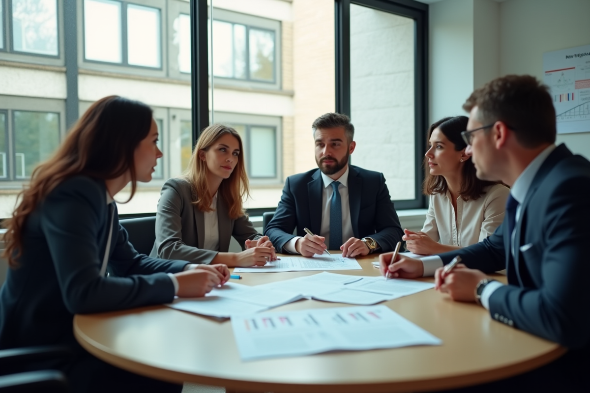 Groupe de collègues discutant autour de documents sur les nouvelles régulations