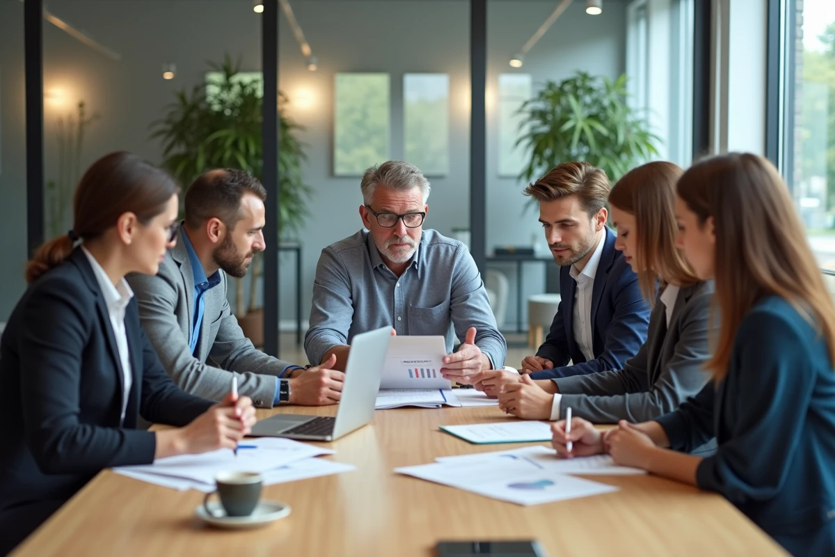 Groupe de professionnels discutant autour d