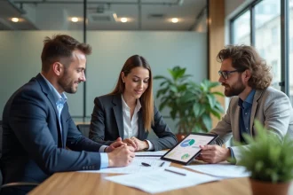 Groupe de collègues discutant autour d'un bureau moderne