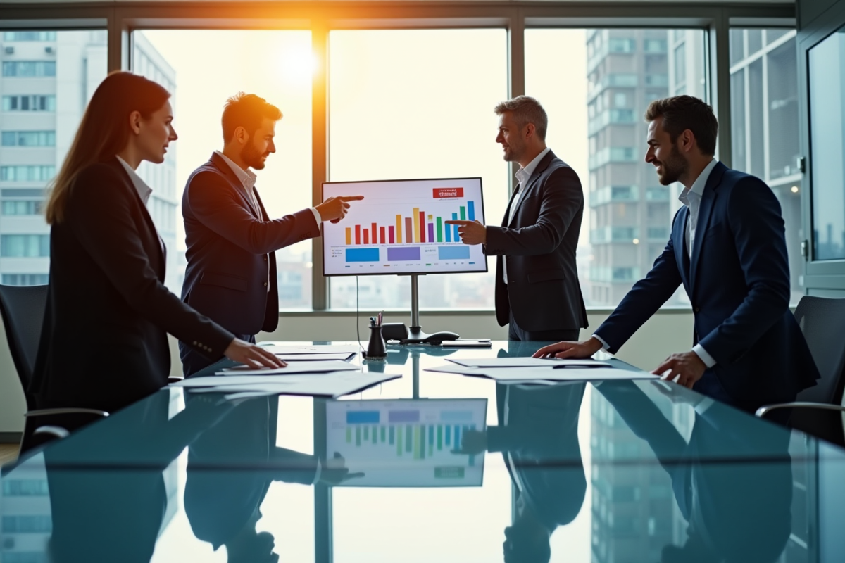 Quatre professionnels discutent autour d'une table avec des graphiques colorés