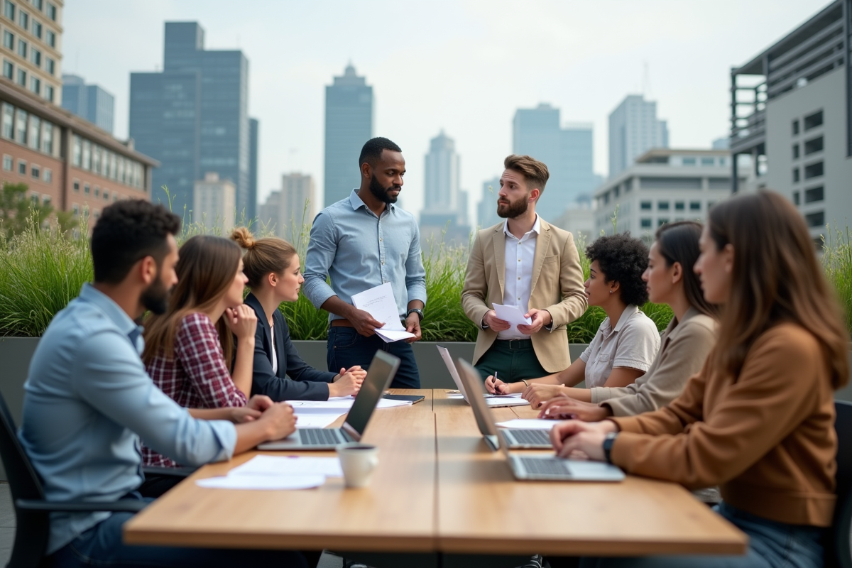 Jeunes professionnels en réunion sur un toit avec vue urbaine