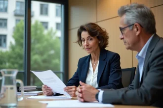 Professionnels de l'assurance RSE en réunion avec des représentants de collectivités publiques, examinant des documents officiels dans une salle de conférence administrative moderne